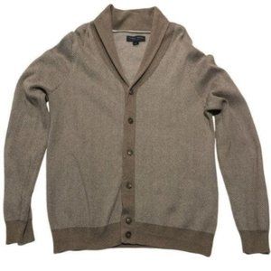 Thomas Parker Mens Herringbone Cardigan Sweater Size Large Beige Tan Ivory